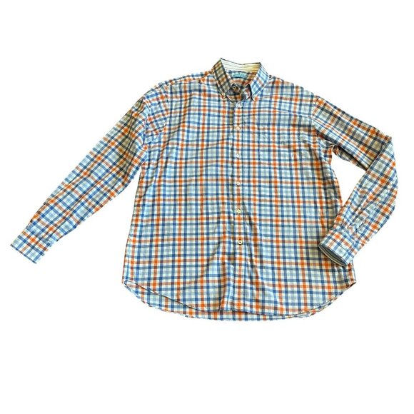 J. McLaughlin Blue White Plaid Check Button-Down Shirt Long Sleeve Cotton Medium - Picture 1 of 11